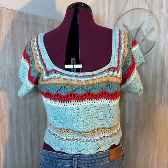 POL Light Blue Green Crochet Stripe Crop Top with Red & Tan Accents - Picture 2 of 8